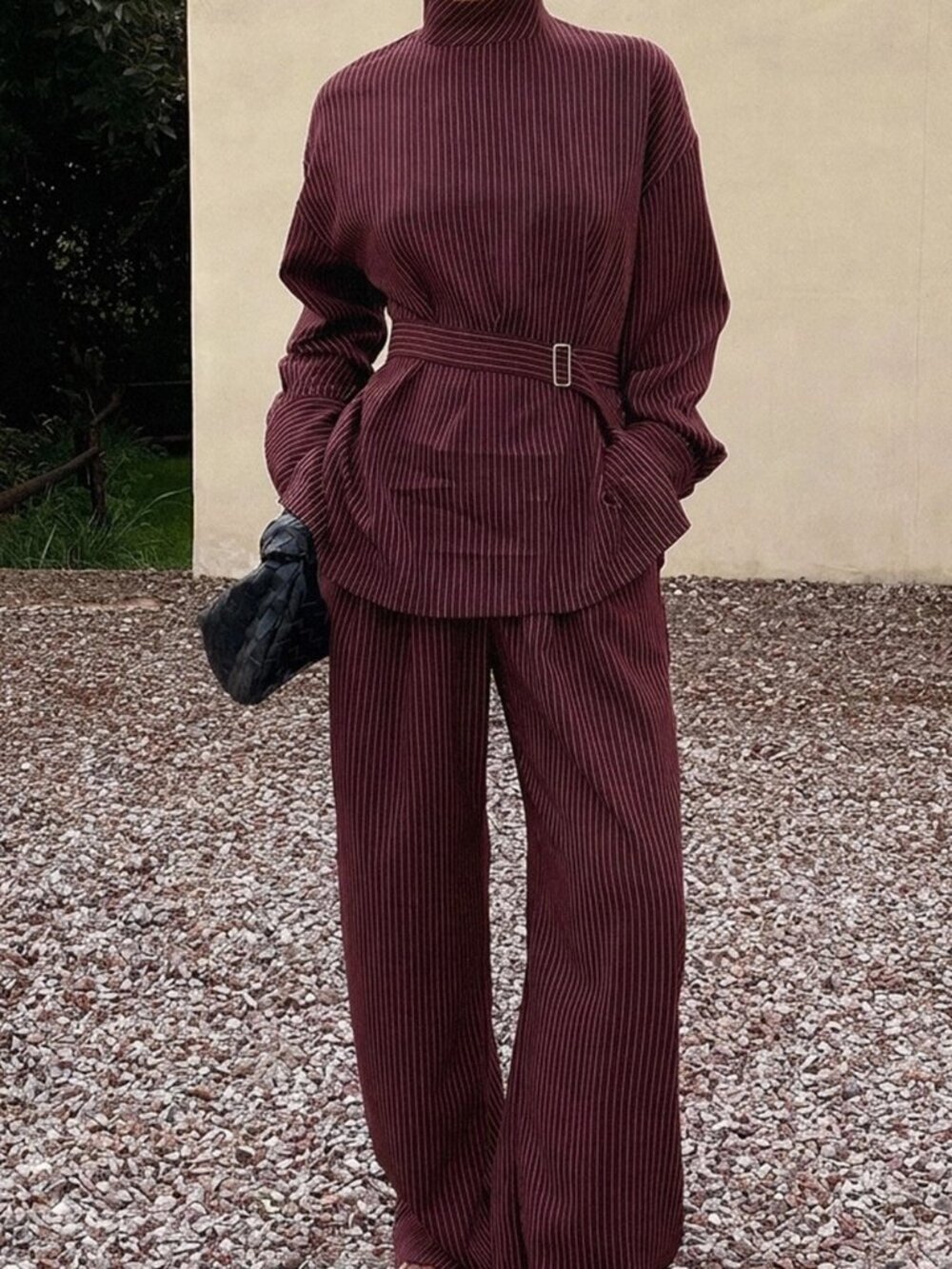 Burgundy Casual Women's Long Sleeve Cinched Waist Top Loose Striped Pants Set